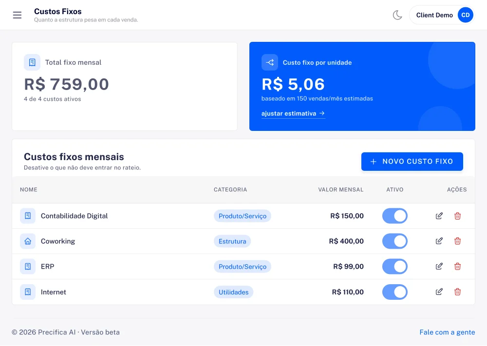 Tela de Custos Fixos do Precifica.ai com o total fixo mensal, o custo fixo por unidade e a lista de custos que podem ser ligados ou desligados do rateio.